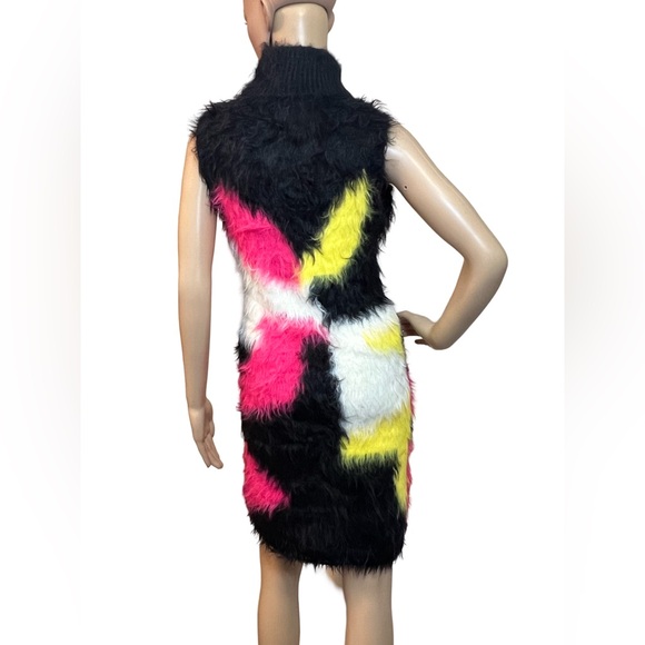 AKIRA NWT Size M Black Pink Yellow Faux Fluffy Fur Sleeveless Mini Dress (0459) - Picture 8 of 13